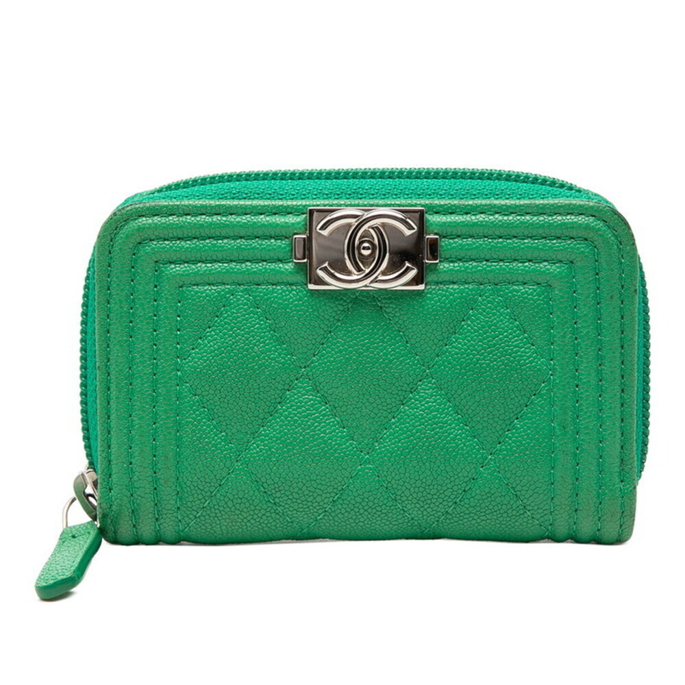 CHANEL Green Caviar Leather Logo Wallet